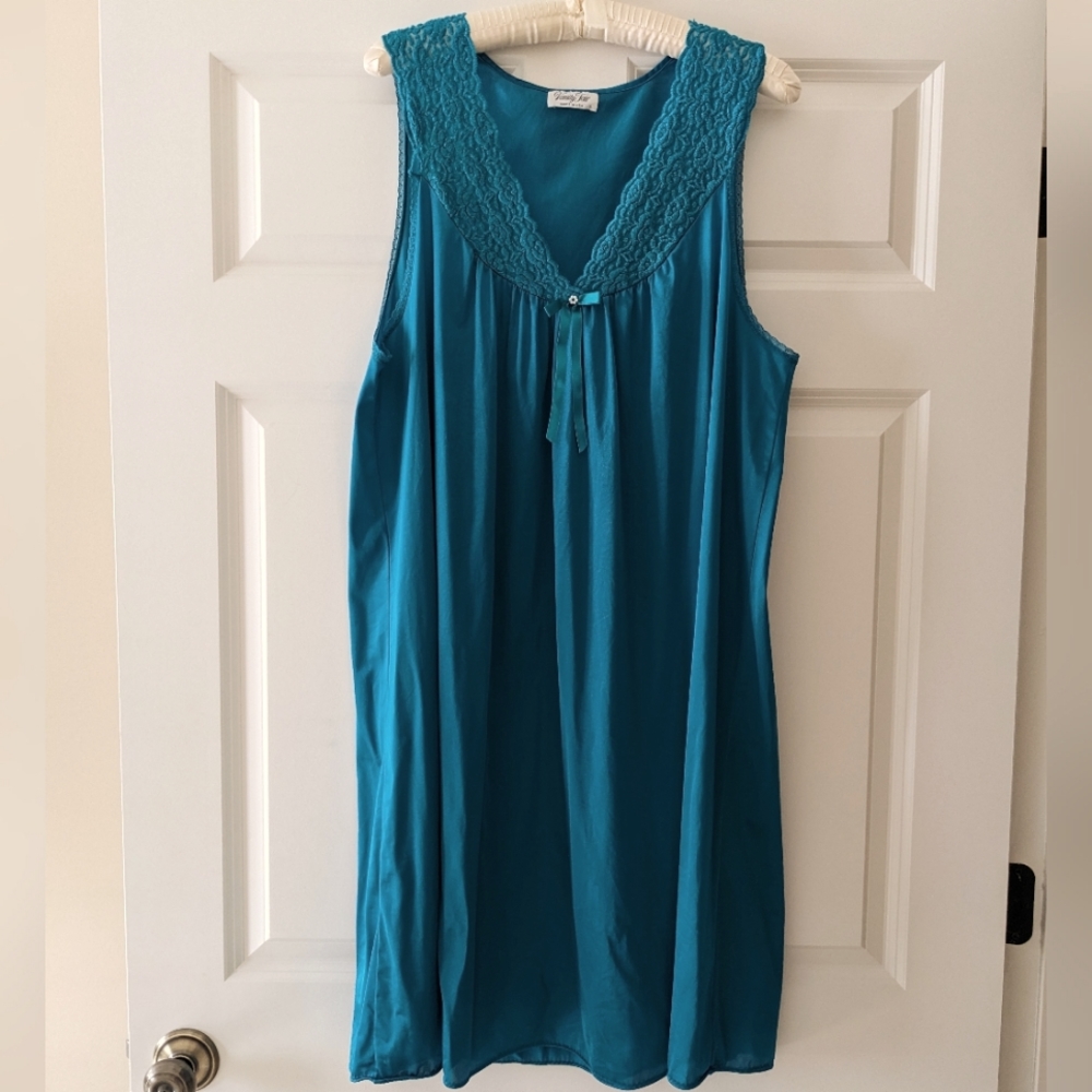 Vanity Fair lingerie nightie dress L teal monochrome floral lacy flaw